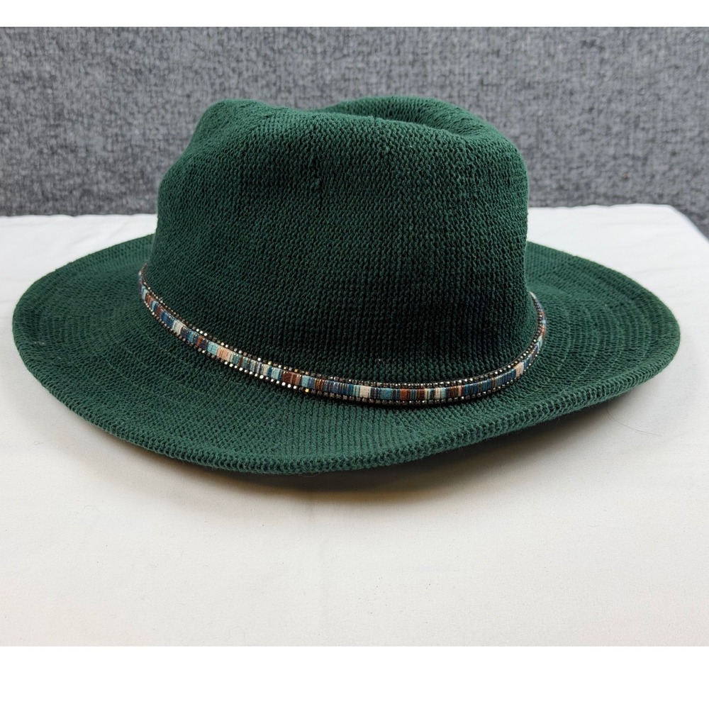 Anthropologie Women Forest Green Woven Fedora Hat Beaded Boho Wide Brim Fall EUC